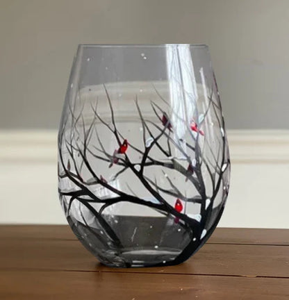 Floroux - Verres à vin arbre quatre saisons en verre peint à la main