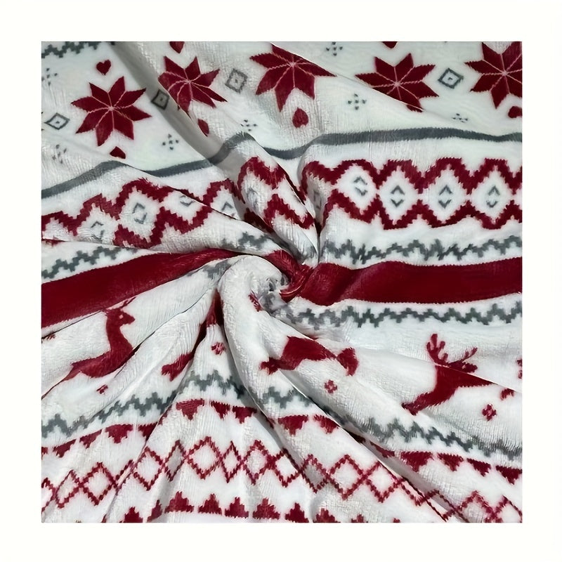 Couverture Sherpa de Noël - Couverture en polaire douce avec un motif de renne et de flocon de neige