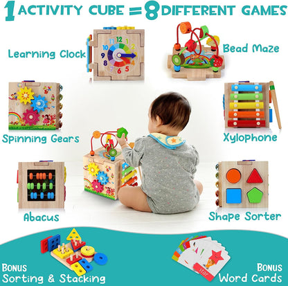 Cube d'activités Montessori 8-en-1 élégant - Divertissement éducatif pour bébés