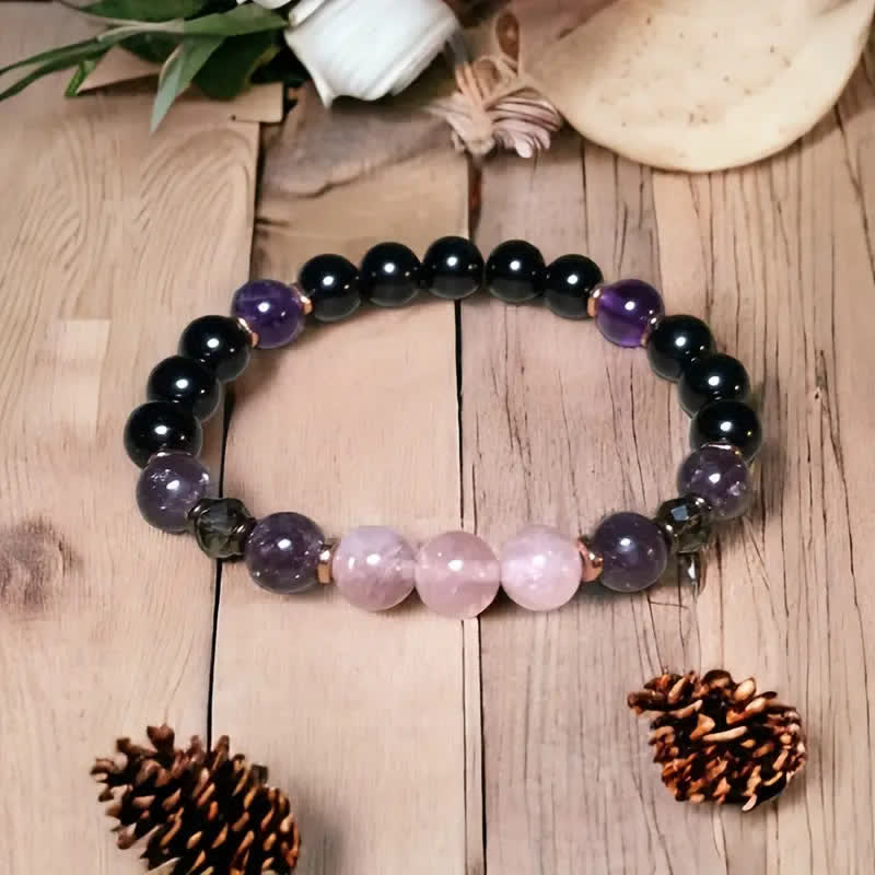 Bracelet en perles d'Aurora 8mm en quartz rose, obsidienne et améthyste