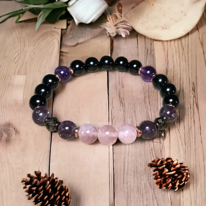 Bracelet en perles d'Aurora 8mm en quartz rose, obsidienne et améthyste