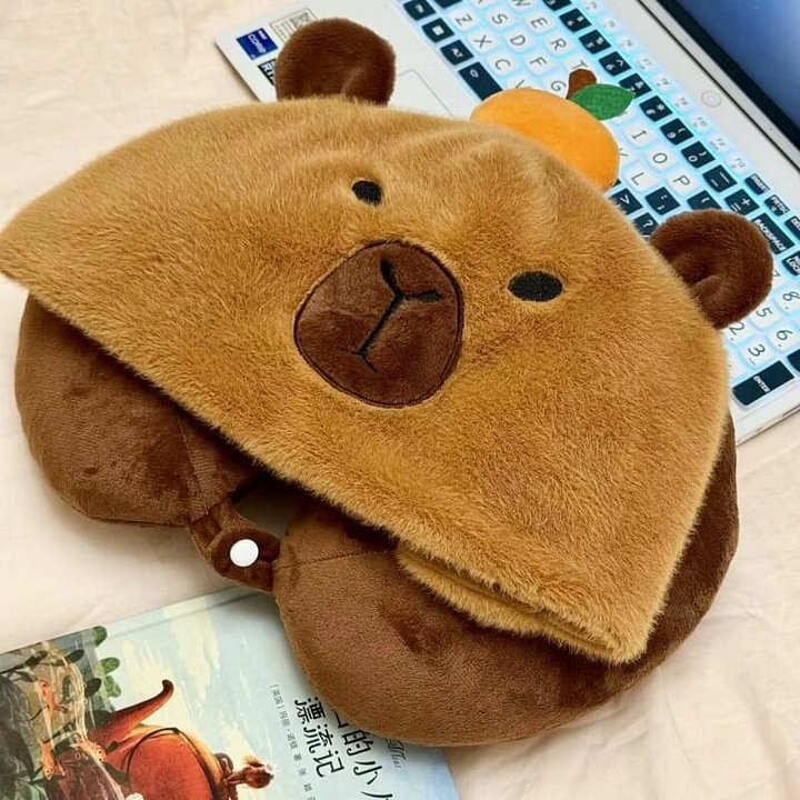 Cuteee Family Kawaii Capybara Coussin en forme de U avec capuche Coussin de cou pour voyage Bureau Coussin de sieste