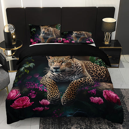 Ensemble de lit luxueux à imprimé animal avec motif de roses - 3 pièces