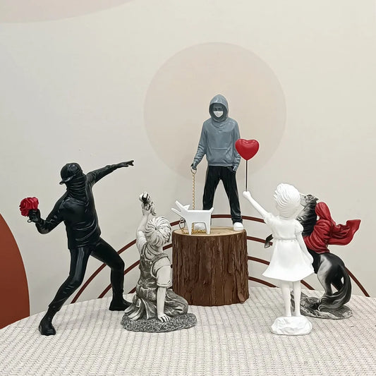 Floroux Banksy Sculpture Collection | Flower Thrower & Balloon Girl | Pop Art Figures | Modern Décor for Office and Home