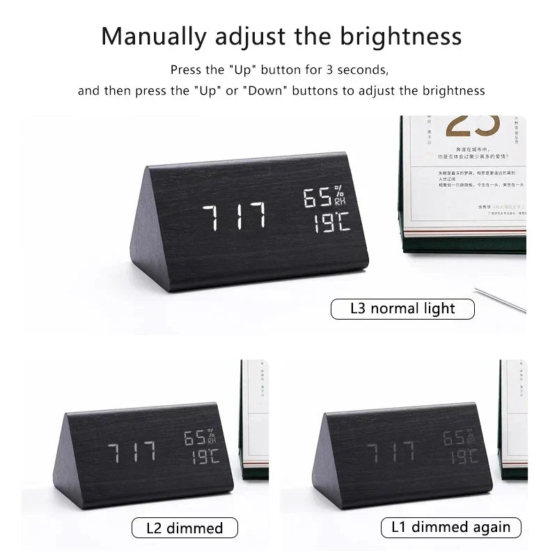 Montre numérique en bois doré, réveil LED