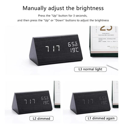 Montre numérique en bois doré, réveil LED