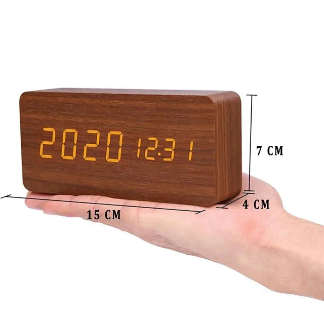Montre numérique en bois doré, réveil LED