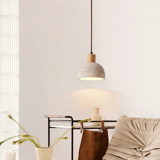 Lampe suspendue contemporaine scandinave en béton et bois à dôme 1 lumière pour le salon