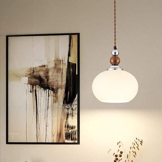 Lampe pendentif traditionnelle vintage en bois oval, fer et verre à 1 lumière pour salon