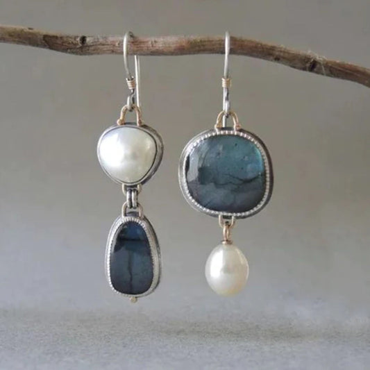 Amalina Vintage Boucles d'oreilles avec Élégante Pierre Naturelle Bleue et Luxueuses Perles