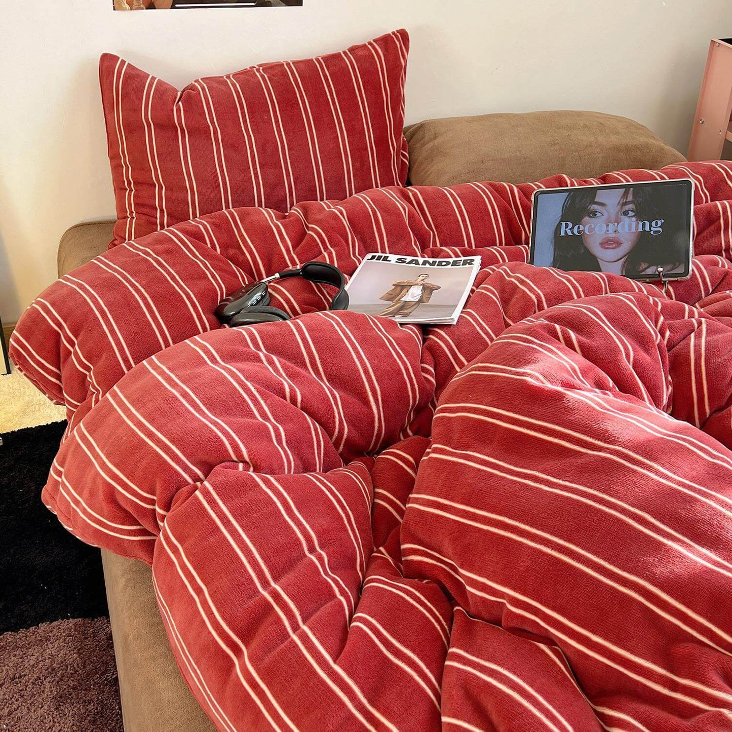 Ensemble de draps de lit de luxe en velours de lait double face à rayures chics