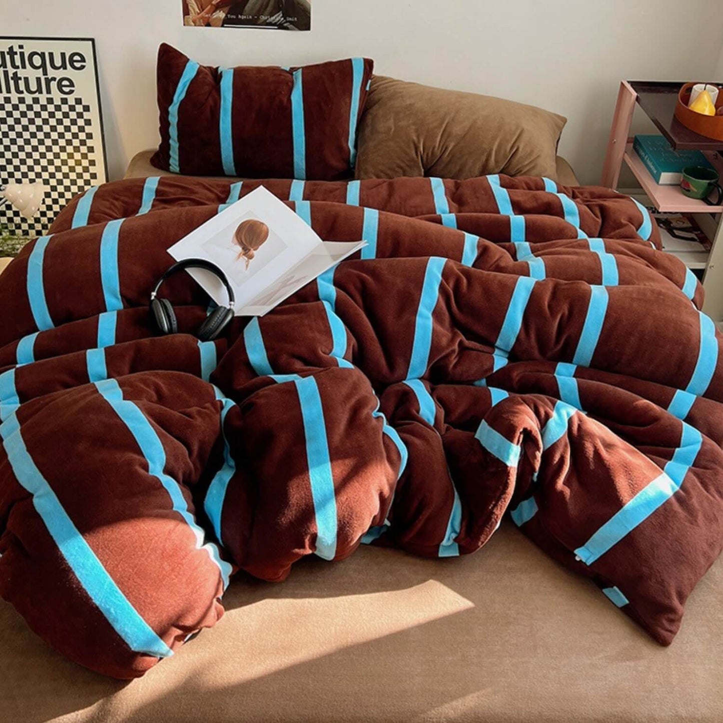 Ensemble de draps de lit de luxe en velours de lait double face à rayures chics