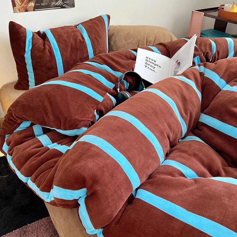 Ensemble de draps de lit de luxe en velours de lait double face à rayures chics