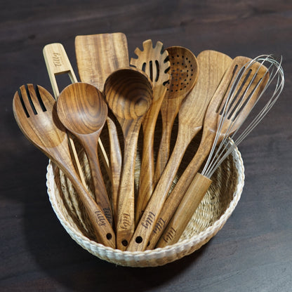 Udgita - Set d'ustensiles de cuisine de 10 pièces en bois de teck
