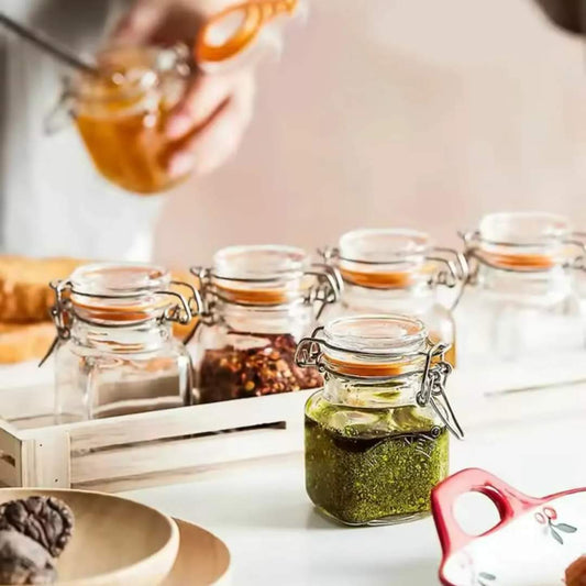 6pcs pots à épices en verre carré avec base en bois