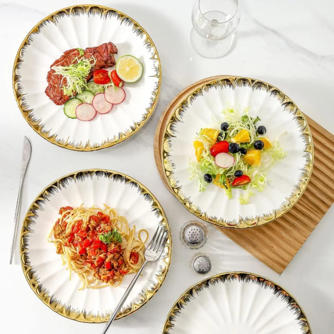 6Pc assiette de dîner en céramique avec détail doré