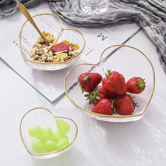 Bol à salade en verre avec bord doré en forme de cœur 3 pièces