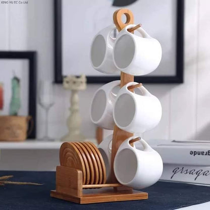 Ensemble de 6 tasses et support en bambou