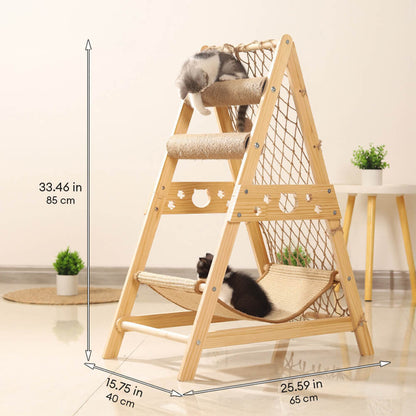 Arbre à chats en bois moderne, poteau à gratter drôle avec hamac et filet d'escalade