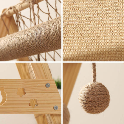 Arbre à chats en bois moderne, poteau à gratter drôle avec hamac et filet d'escalade