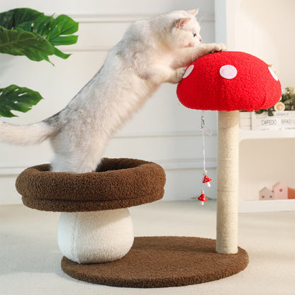 Cadre d'escalade pour chat en champignon rouge avec poteau à gratter en sisal