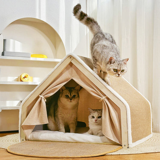 Tente pour chat tout-en-un avec toit grattant et zone de sommeil confortable