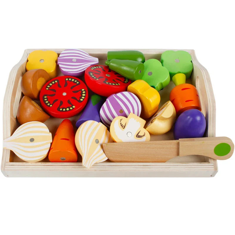 Ensemble de découpe de fruits et légumes en bois Montessori - Jouets de cuisine fictifs écologiques pour enfants