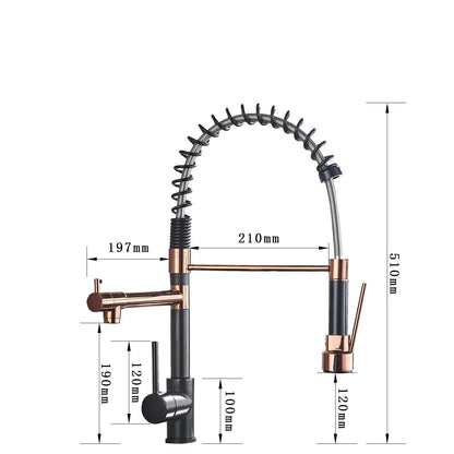 StreamFlex - Robinet de cuisine luxueux rétractable en noir et or rose