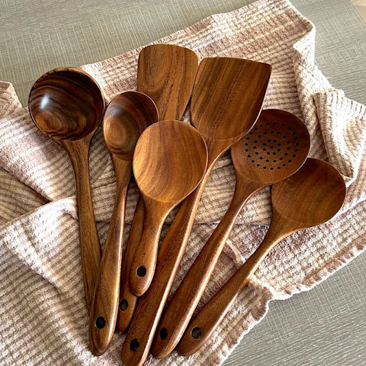 TeakArtisan - Ensemble de ustensiles de cuisine en teck fait main