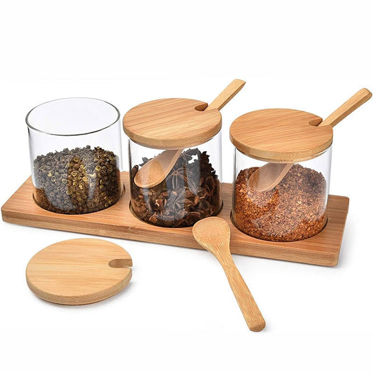 Set de 3 bocaux en verre avec couvercles en bambou