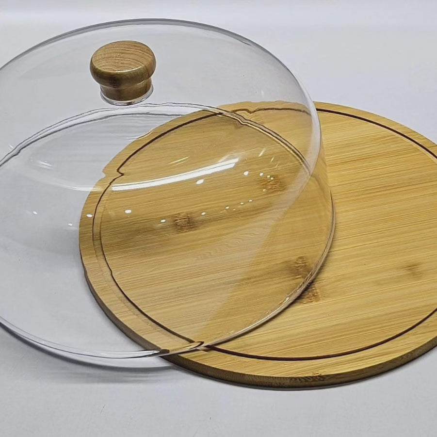 Couvercle en acrylique pour gâteau avec plateau en bambou