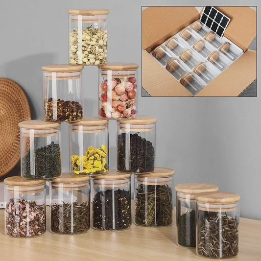 12 bocaux en verre et stylo et étiquettes