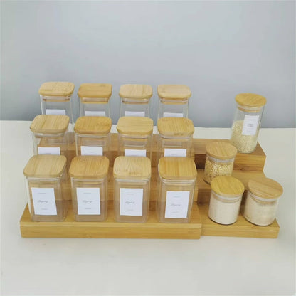 Ensemble de 12 bocaux à épices en verre carré avec un support en bambou en bois