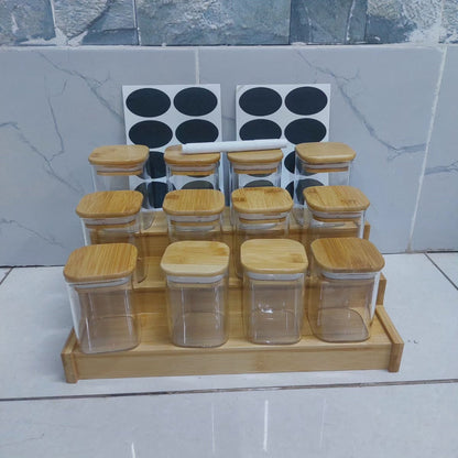 Ensemble de 12 bocaux à épices en verre carré avec un support en bambou en bois