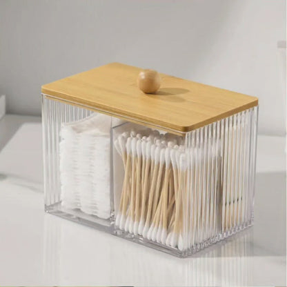 Boîte de rangement pour cotons-tiges en acrylique avec couvercle en bambou