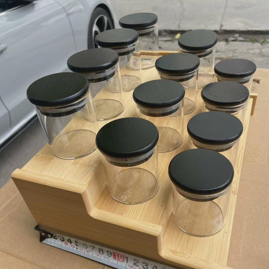 12pcs Bocal à épices en verre avec couvercles en bambou noir + support