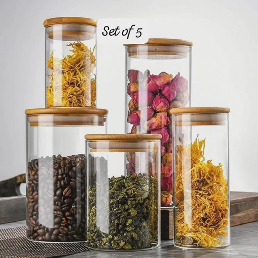 Ensemble de 5 bocaux en verre avec couvercles en bambou