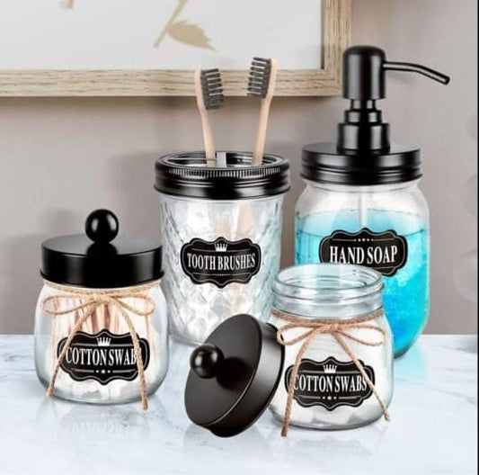 Accessoires de salle de bain Mason Jar avec couvercles noirs