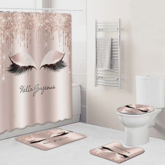 Tapis de salle de bain 4 pièces et rideau de douche