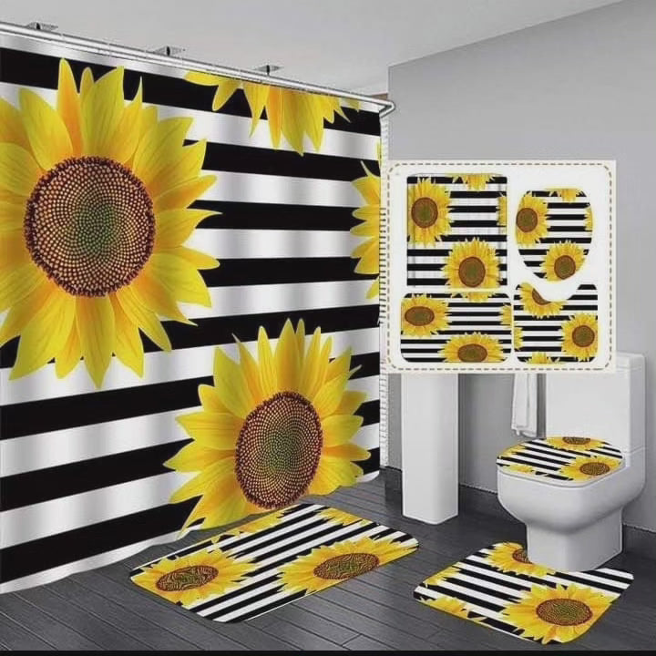 Tapis de salle de bain 4 pièces et rideau de douche