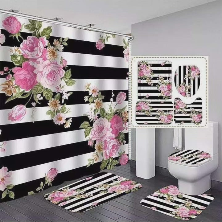 Tapis de salle de bain 4 pièces et rideau de douche