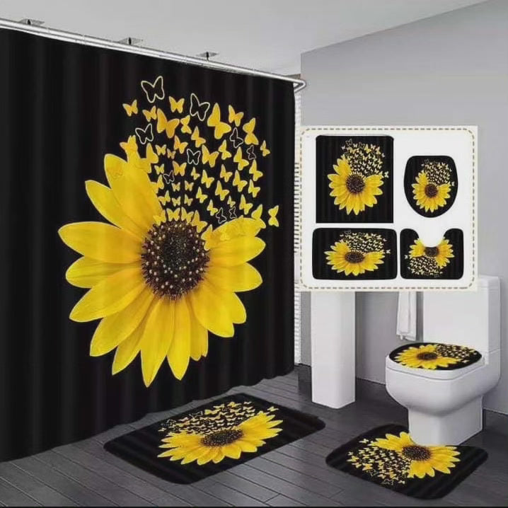 Tapis de salle de bain 4 pièces et rideau de douche