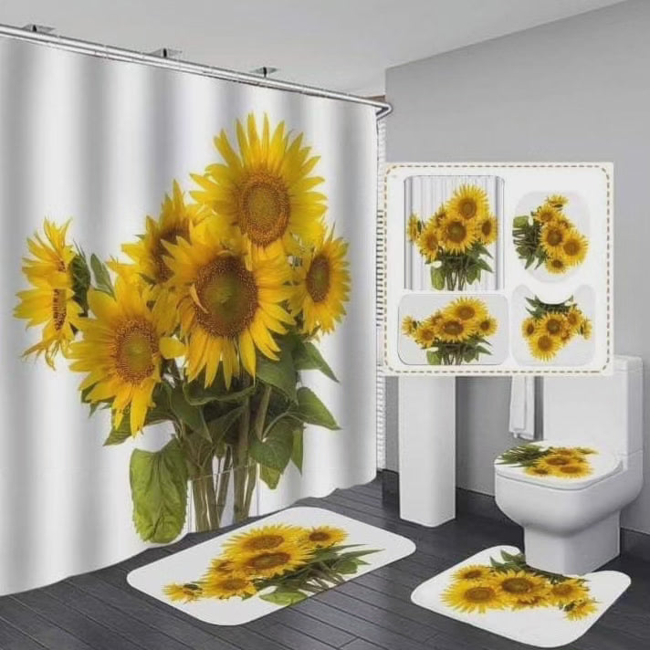 Tapis de salle de bain 4 pièces et rideau de douche