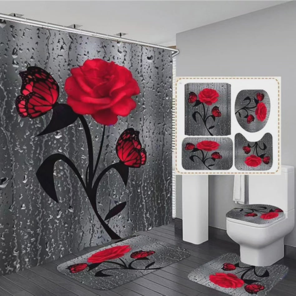 Tapis de salle de bain 4 pièces et rideau de douche