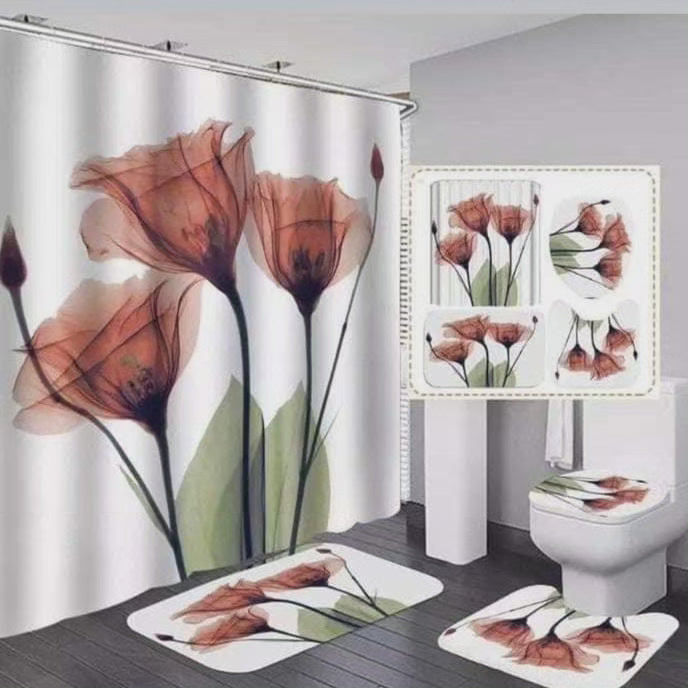 Tapis de salle de bain 4 pièces et rideau de douche