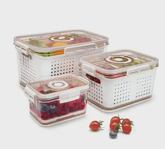 3 pcs Boîte de rangement hermétique pour réfrigérateur avec panier de drainage
