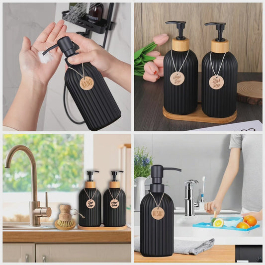 *ensemble de 2 pcs de distributeur de savon et de main avec plateau en bois