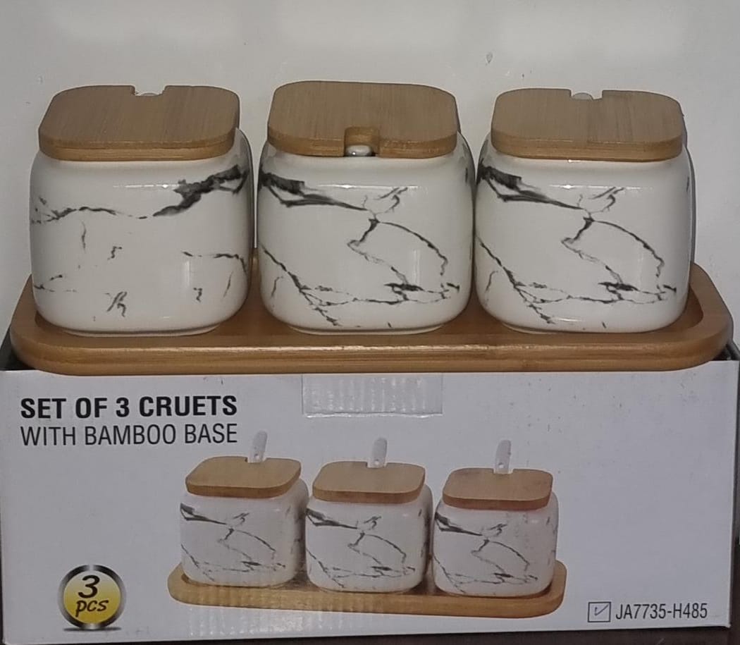 Ensemble de 3 cruchettes en céramique pour sucre et épices avec des couvercles en bambou et un plateau en bois