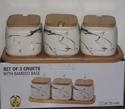 Ensemble de 3 cruchettes en céramique pour sucre et épices avec des couvercles en bambou et un plateau en bois