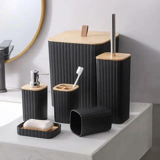 Set d'accessoires de salle de bain en plastique bambou écologique de 6 pièces